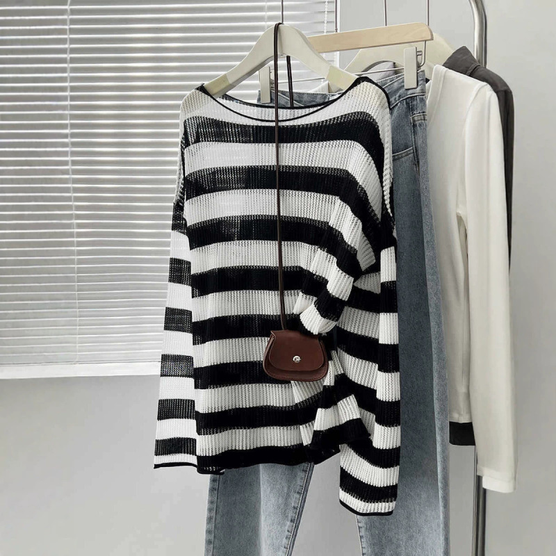 Glittering Ice Silk Striped Hollow-Out Long-Sleeve Knit Top, Summer Loose Round-Neck Lazy Sun-Protective Cover-Up Shirt Glittering Ice Silk Striped Hollow-Out Long-Sleeve Knit Top, Summer Loose Round-Neck Lazy Sun-Protective Cover-Up Shirt