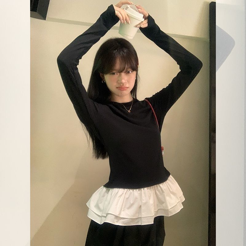 Ballet-Style Ruffled Black Long-Sleeved T-Shirt for Women 2025 Spring & Fall New Slim-Fitting Inner Layering Shirt Top