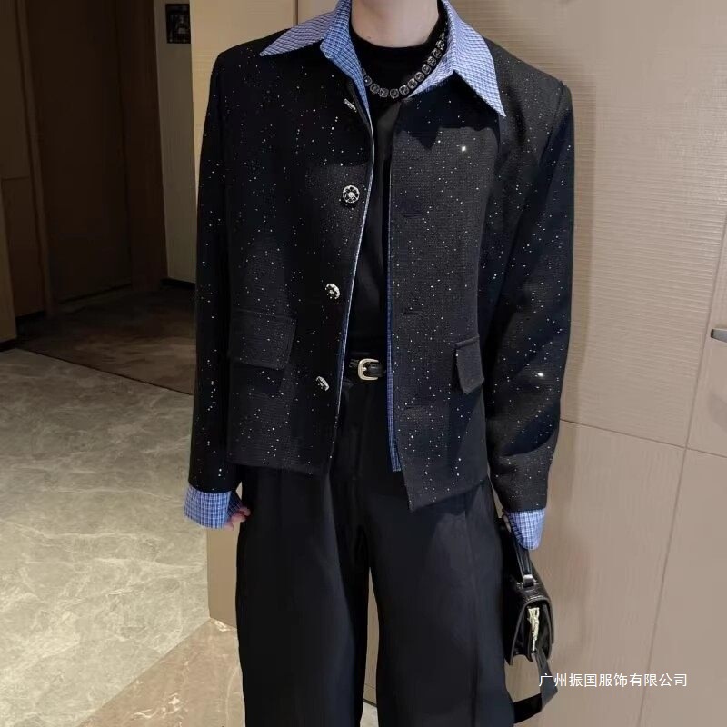 Korean Style Elegant Patchwork Faux Two-Piece Jacket for Men, Autumn Season, Fine Glitter All Over, Sequined Chanel-Style Jacket, Trendy Korean Style Elegant Patchwork Faux Two-Piece Jacket for Men, Autumn Season, Fine Glitter All Over, Sequined Chanel-Style Jacket, Trendy