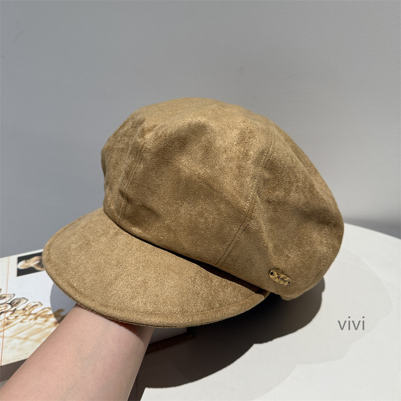秋冬简约咖色大头围八角帽女秋冬日系复古百搭麂皮绒时尚画家帽子|undefined
