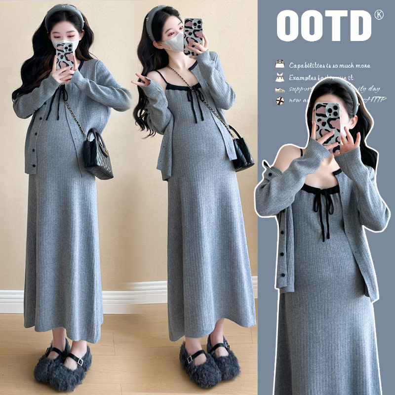 Real Shot of Pregnant Women's 2025 Autumn Dress Suit Plus Size Fashionable Trendy Mom New Cardigan Knitted Skirt Two-Piece Set