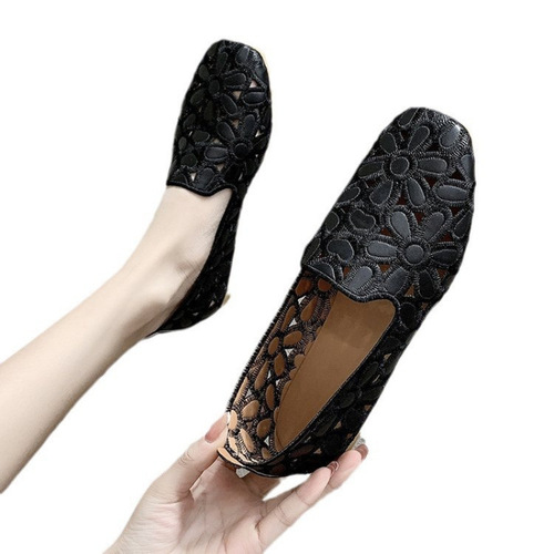 Hollow-out summer flat bean pod shoes for women, square-toe single shoes for women, shallow mouth mother shoes