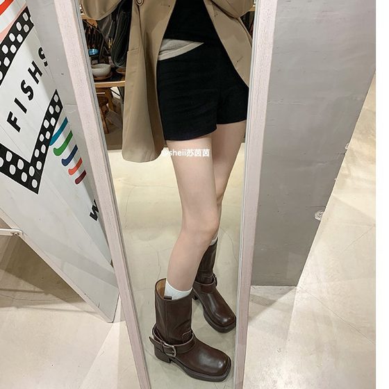 [sheii Su Yinyin] Seoul Boots ~ Retro Side Buckle Thick Heel Middle Tube Western Cowboy Boots Short Boots Women's Motorcycle Boots