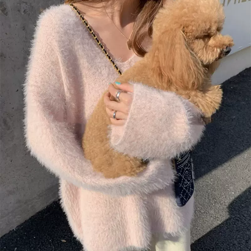 艾纯诗秋冬新款韩版白色V领海马毛衣女宽松仿水貂绒针织外套上衣