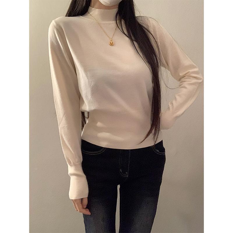 Elegant solid color half-high collar knit sweater for women, new autumn and winter style, elastic waist, slimming and stylish, suitable as an inner layer