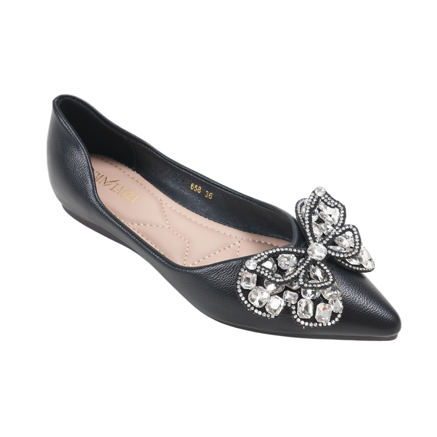 Shallow mouth low heel shoes for women with flat heels, spring new temperament, pointed and elegant rhinestone bow, shallow mouth soft sole, large size single shoe