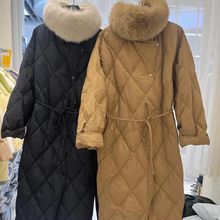 2025冬季韩版白鸭绒真毛领菱形格长款显瘦羽绒服女宽松加厚外套