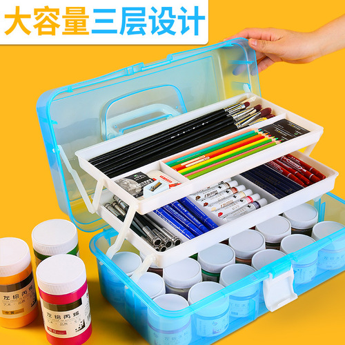 Left painted large transparent multi-functional three-layer tool box art plastic portable storage box student painting box manicure box
