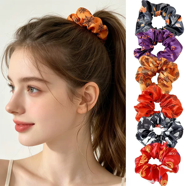 European and American Hot-Selling Halloween Scrunchies, Pumpkin and Skull Hair Ties, Spooky and Unique Holiday Hair Accessories for Women Wholesale