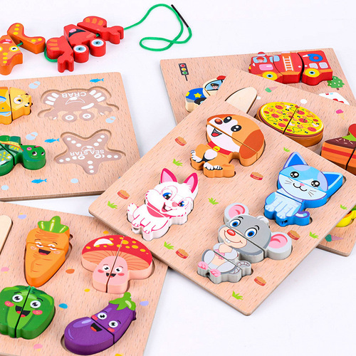 Wooden building blocks cut-cut music rope three-dimensional puzzle 0.2kg young children early education educational threading puzzle toy