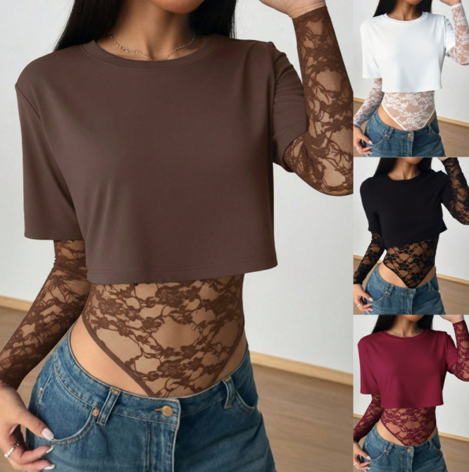 2026 Cross-Border European and American Amazon Fashionable One-Piece Pure Color Waist-Revealing Slim Lace Splicing Short-Sleeved Top