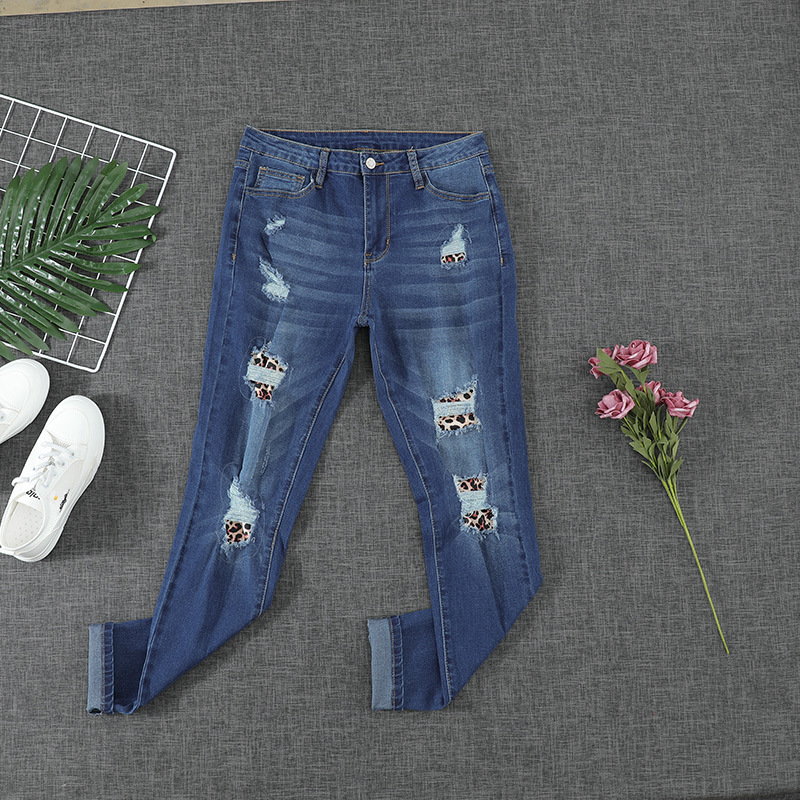 时颖破洞牛仔裤高腰显瘦亚马逊2022新款修身小脚九分裤欧美牛仔裤