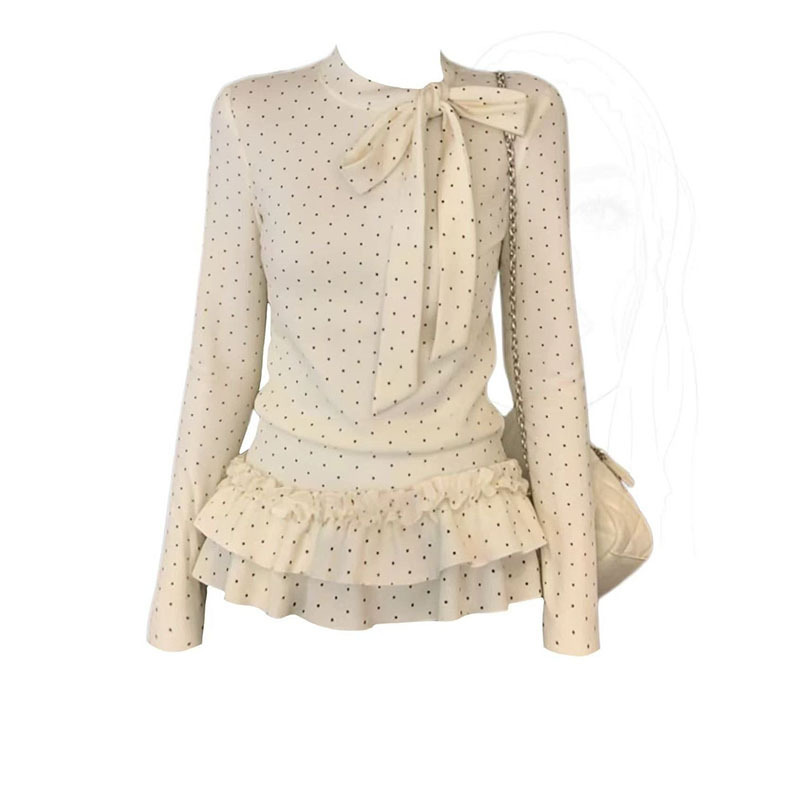 White Polka Dot Korean-Style Long-Sleeve T-Shirt with Bow Lace Trim for Women, Suitable for Autumn and Winter, Slim Fit and Flattering Base Layer Top White Polka Dot Korean-Style Long-Sleeve T-Shirt with Bow Lace Trim for Women, Suitable for Autumn and Winter, Slim Fit and Flattering Base Layer Top