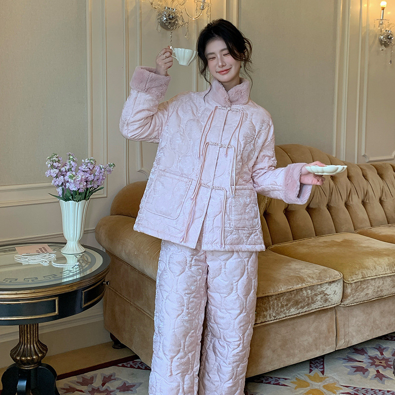 extra thick three-layer quilted french new chinese style winter autumn and winter women‘s warm suit sweet home wear can be worn outside