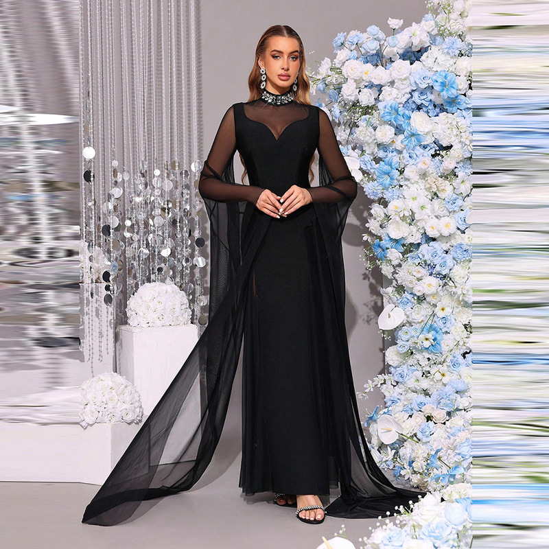 New Heavy Industry Luxury Sparkling Diamond Halter Neck Sexy Long Sleeve Bandage Long Dress for Wedding Guests and Festivals