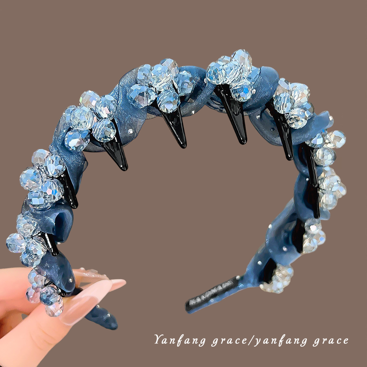 Blue mesh rhinestone crystal flower headband