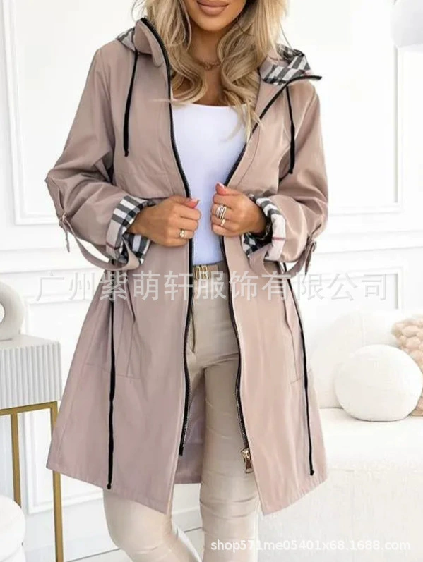 Демисезонное trench coat женское, с капюшоном, европейский стиль, молния и шнурок