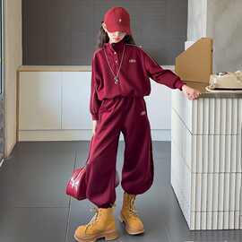 女童红色套装春秋装新款女孩中大童学院风儿童立领运动卫衣两件套