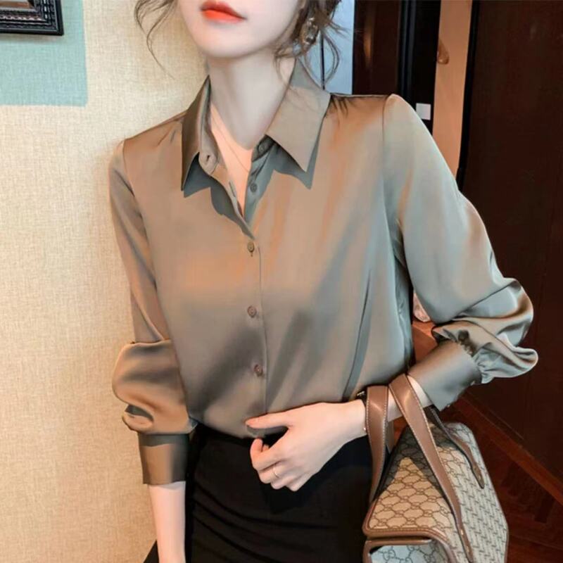 醋酸缎面衬衣女职业装春夏复古港味风设计感小众长袖衬衣白色|undefined