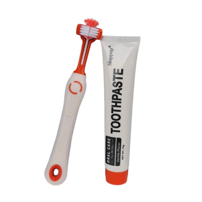 Juego de cepillo y pasta de dientes para mascotas, cepillo de dientes de tres cabezales para perros, suministros de limpieza bucal para gatos y perros, salud de las encías y blanqueamiento