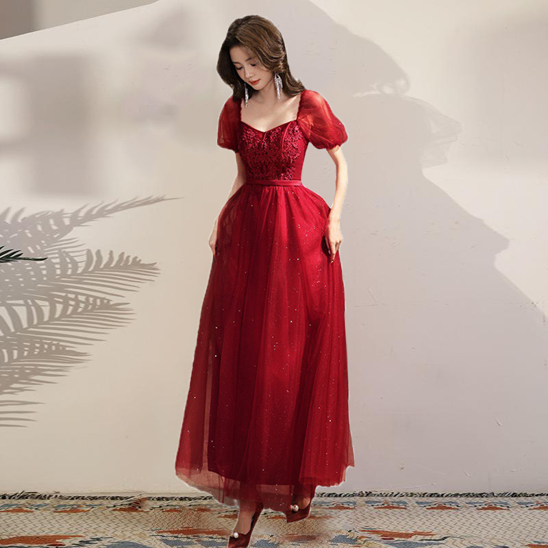 Wedding Toast Dress for Bride, 2026 New Style, Maternity Homecoming Dress, Slimming Burgundy Wedding Thank-You Banquet Dress