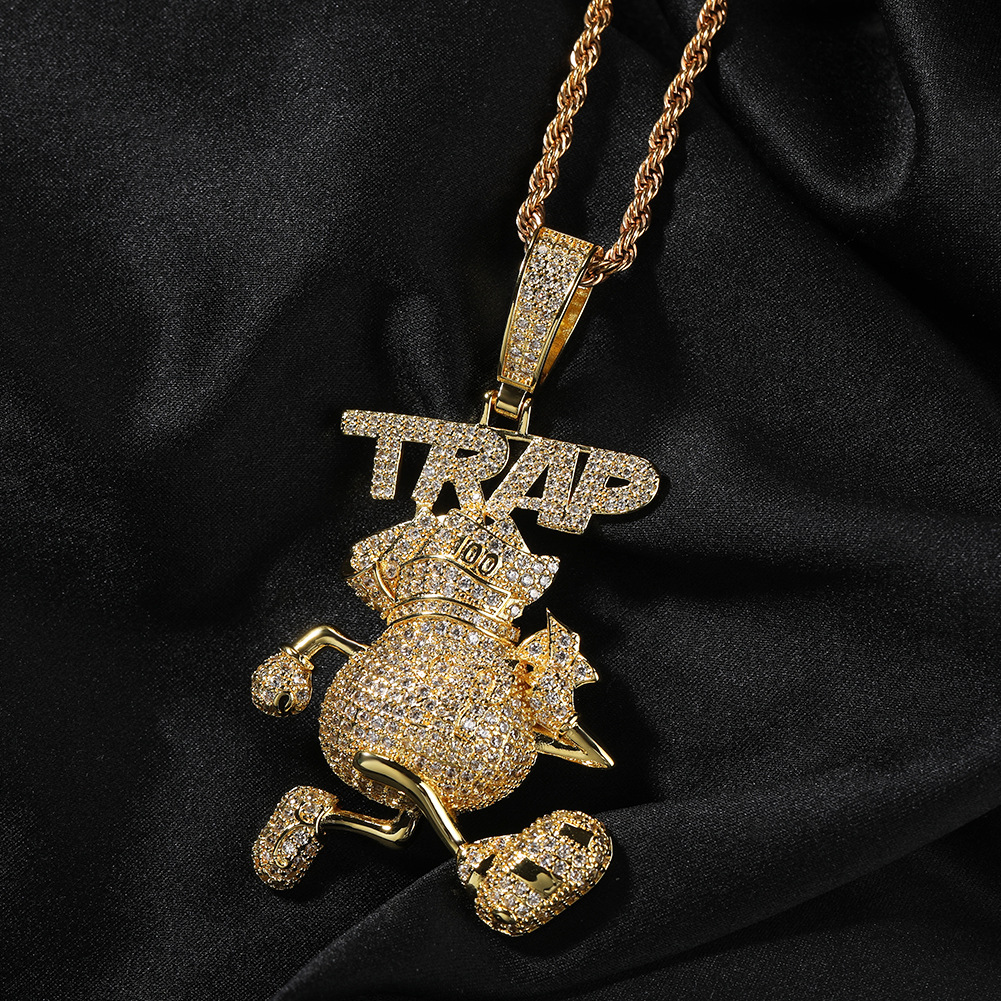 1Pc Hip Hop Fashion Running TRAP Gold Silver + 3mm24inch Twist Chain Full Diamond Cartoon Pendant Fashion Necklace_voghion.com