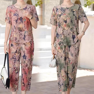 2025 Summer Middle-Aged and Elderly Mother's Suit Ice Silk Short-Sleeved Thin Loose Large Size Casual Elegant Floral Style Other