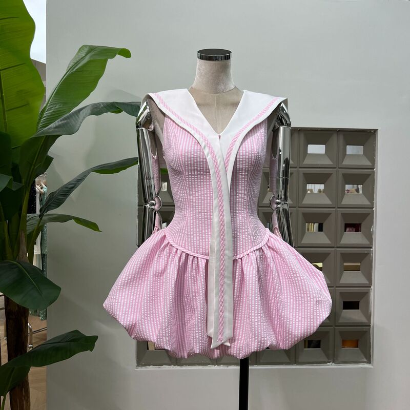 Amazon playful cute summer waist stripe college style navy collar bubble dress white small man Amazon playful cute summer waist stripe college style navy collar bubble dress white small man