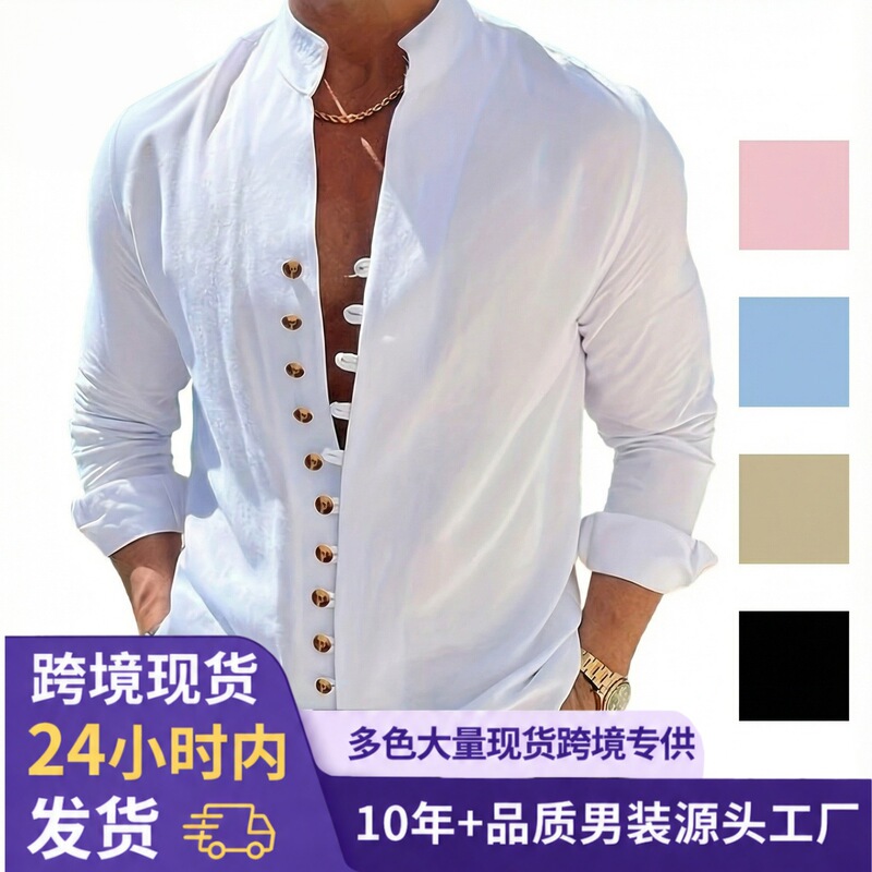 2026 Cross-Border Amazon Wish Ebay New Men's Retro Cotton Linen Casual Loose Long Sleeve Shirt 2026 Cross-Border Amazon Wish Ebay New Men's Retro Cotton Linen Casual Loose Long Sleeve Shirt