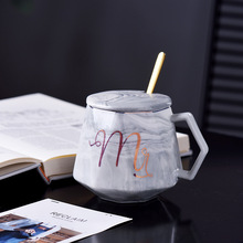 大理石紋鑽石陶瓷杯禮品大容量馬克杯咖啡杯帶蓋勺禮盒裝可印logo