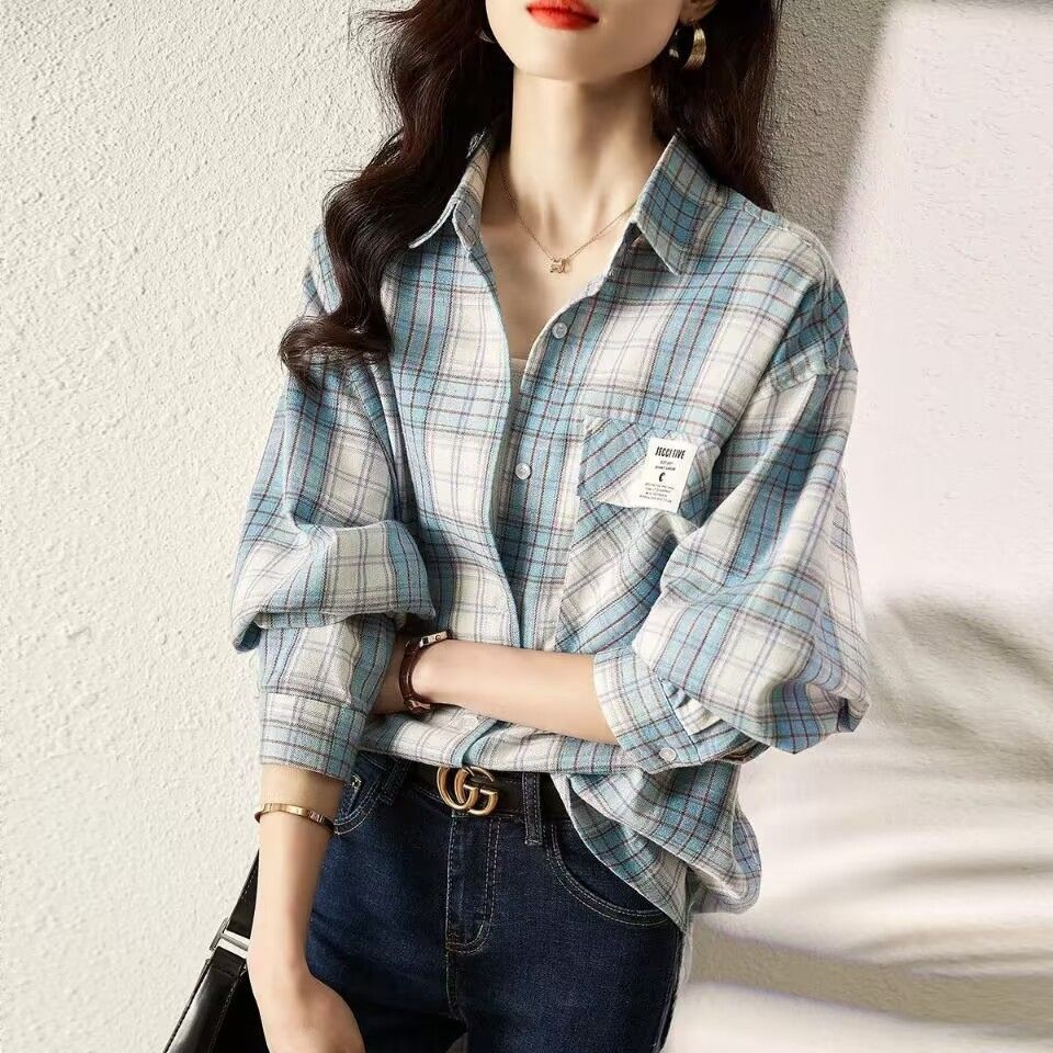 샌딩 플레이드 긴팔 셔츠 여성용 2022 가을 새 패션 한국 캐주얼 올 매치 플레이드 셔츠 아우터 로가