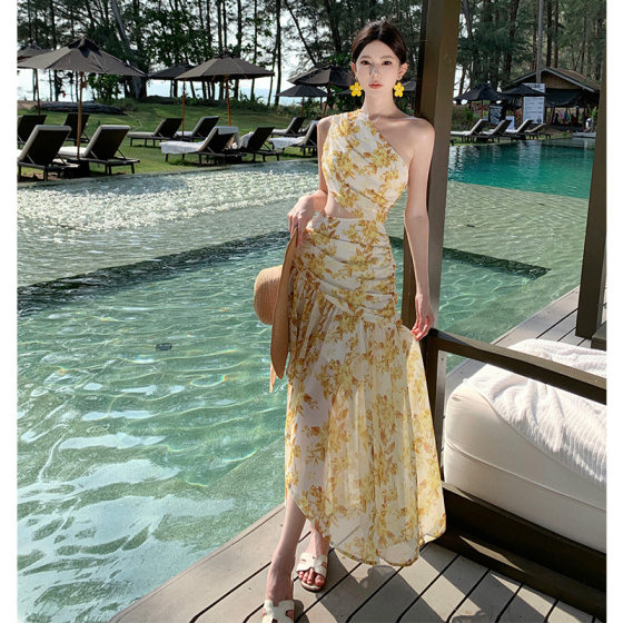 Seaside Vacation Elegant High-end Yellow Printed Slant Shoulder Open Waist dress Women's Pleated Tight Waist Irregular Long Dress