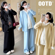 孕妇装2025秋冬新款韩版时尚假两件撞色连帽毛衣+阔腿裤 孕妇套装