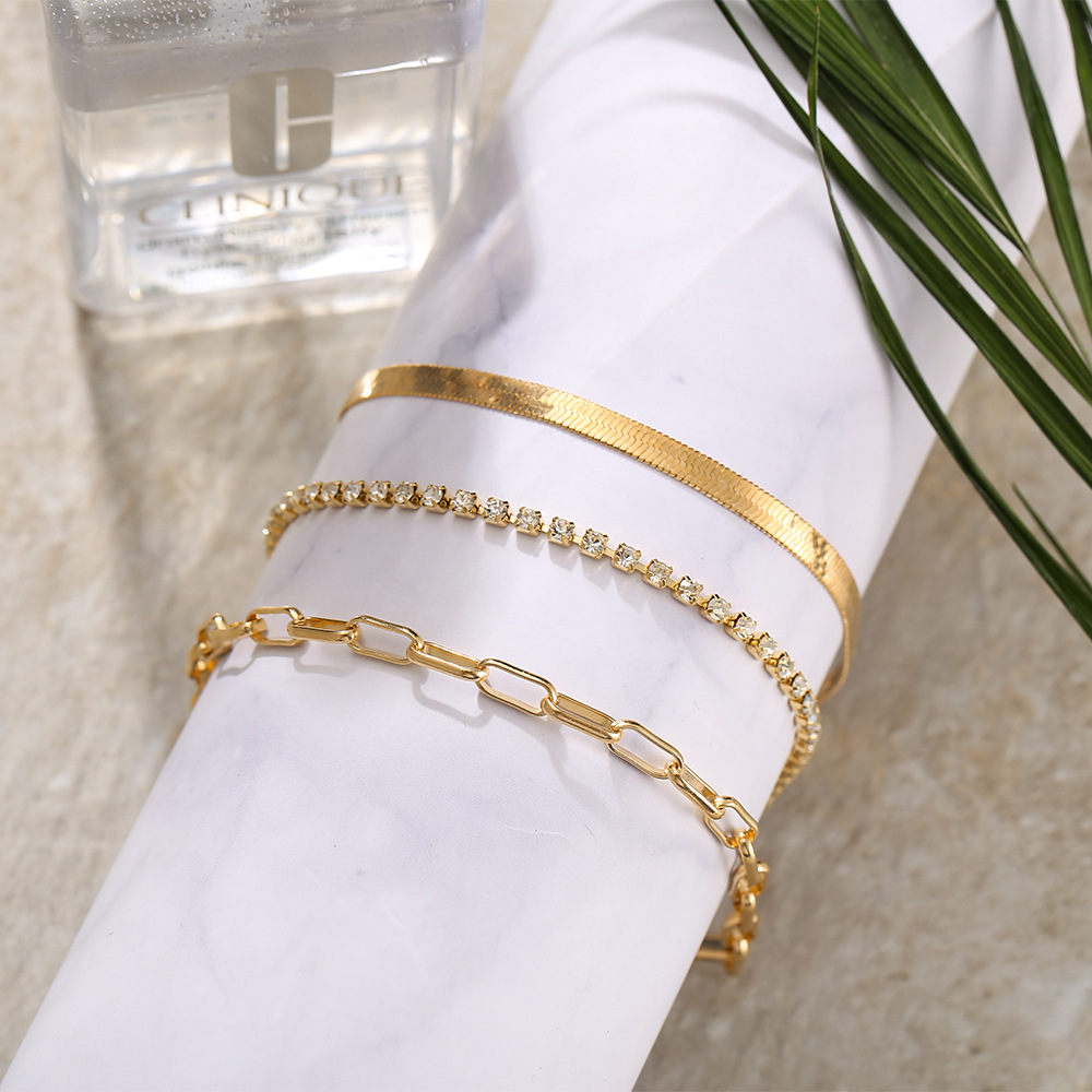 retro multi-layer chain full diamond anklet three-piece set