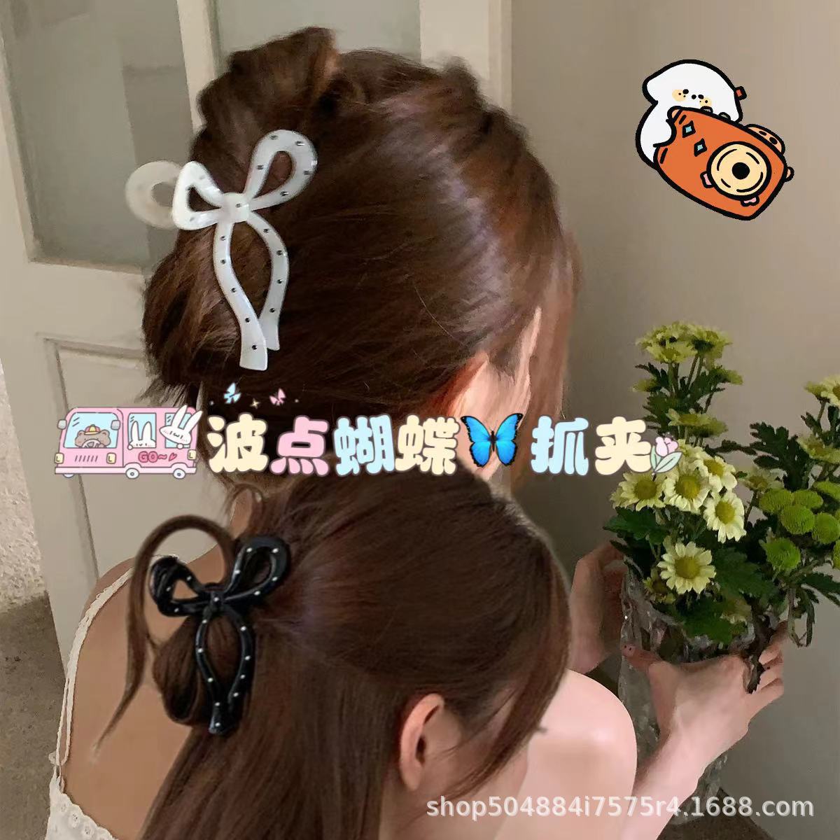 水玉模様の弓クリップ女性の夏 2024 新しい気質絶妙なヘアクリップ後頭部サメクリップ頭飾り前髪