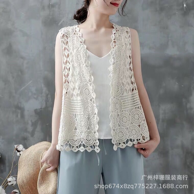 Spring and Summer Cross-border Vacation New Vest Women's Vest Loose Otter Crochet Hollow Sleeveless Cardigan Short Waistcoat Spring and Summer Cross-border Vacation New Vest Women's Vest Loose Otter Crochet Hollow Sleeveless Cardigan Short Waistcoat