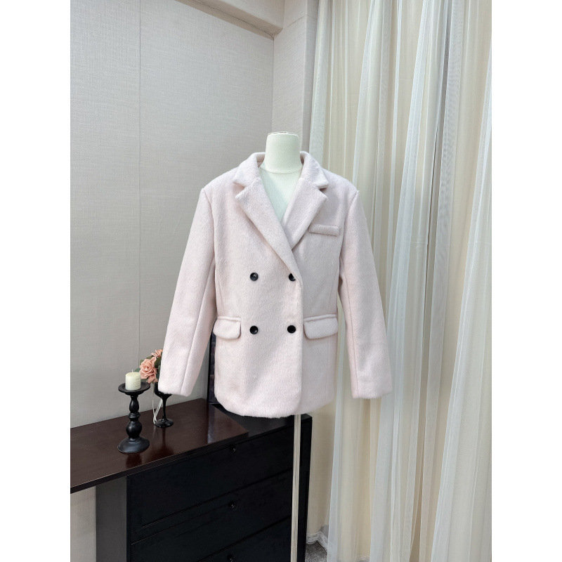 实拍韩剧女主 粉色毛呢西装外套女秋冬厚短款呢子大衣小个子