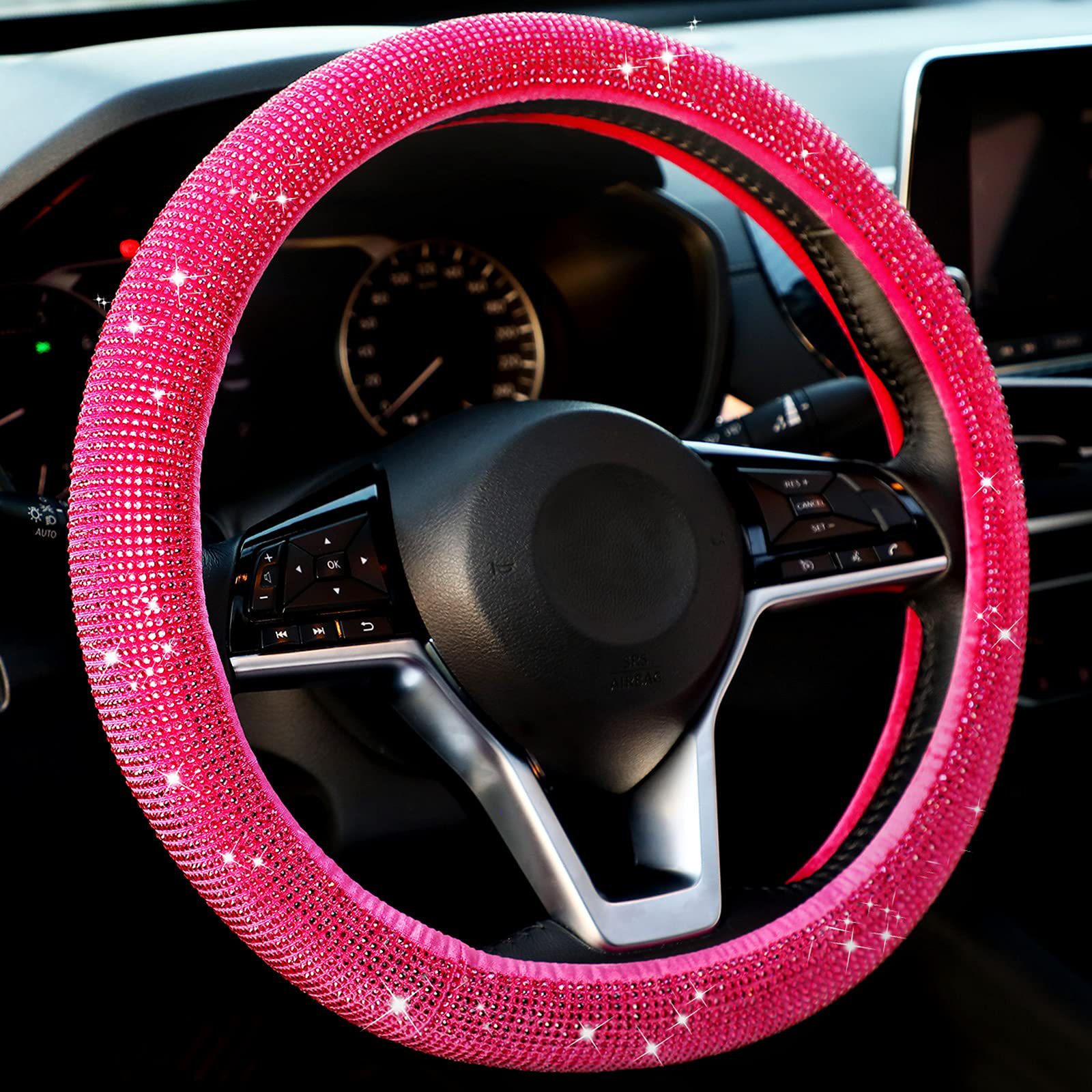 Cubierta del volante incrustado en el diamante del coche sin anillo interior rhinestone de diamante lleno con malla de diamante rhinestone perforación en caliente cubierta de la manija elástica de diamante completo