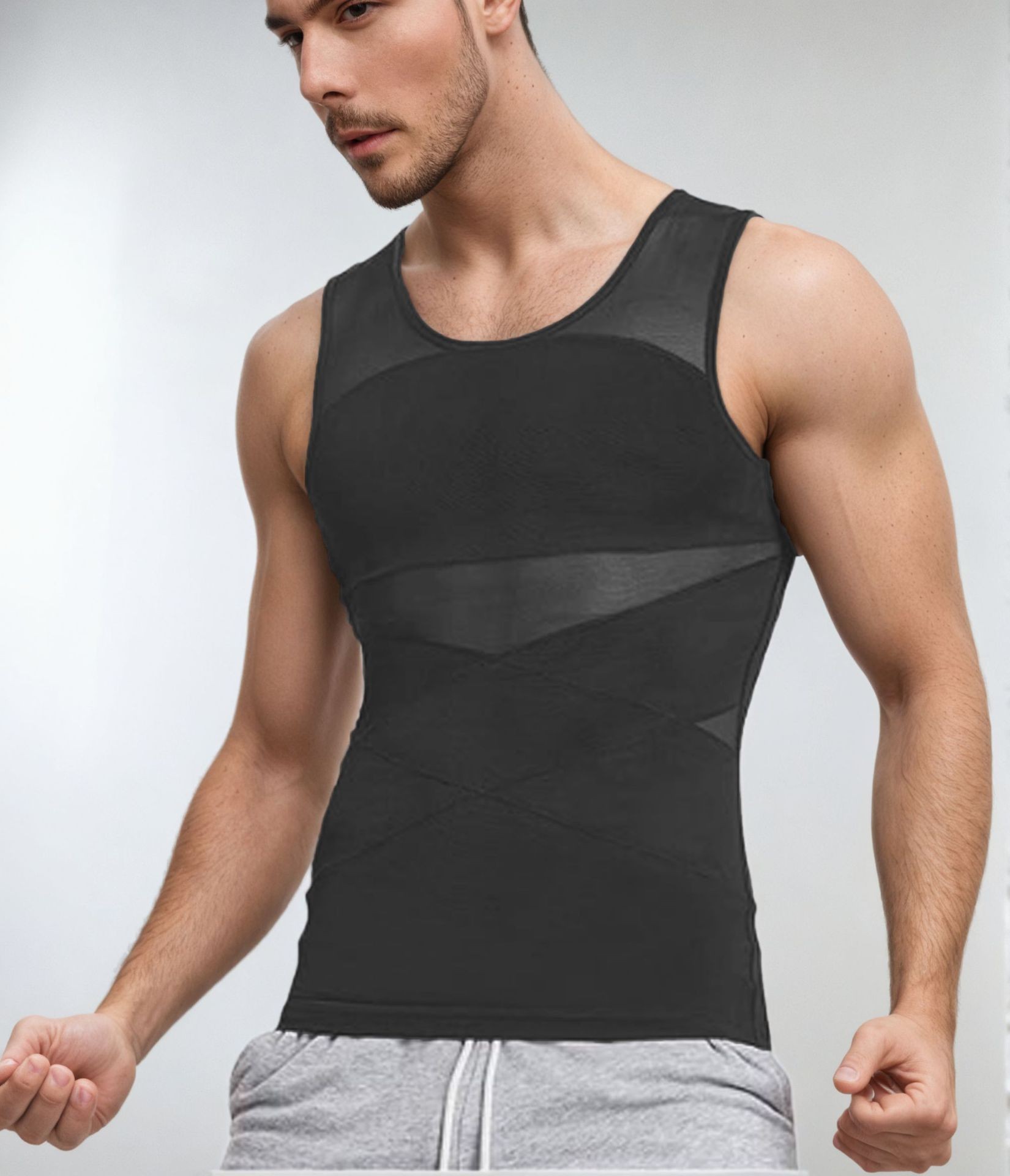 Transfronterizo de los hombres que forma el cuerpo de la ropa de malla transpirable vientre que contrae el vientre que forma el levantamiento de espalda apretado Chaleco de entrenamiento físico