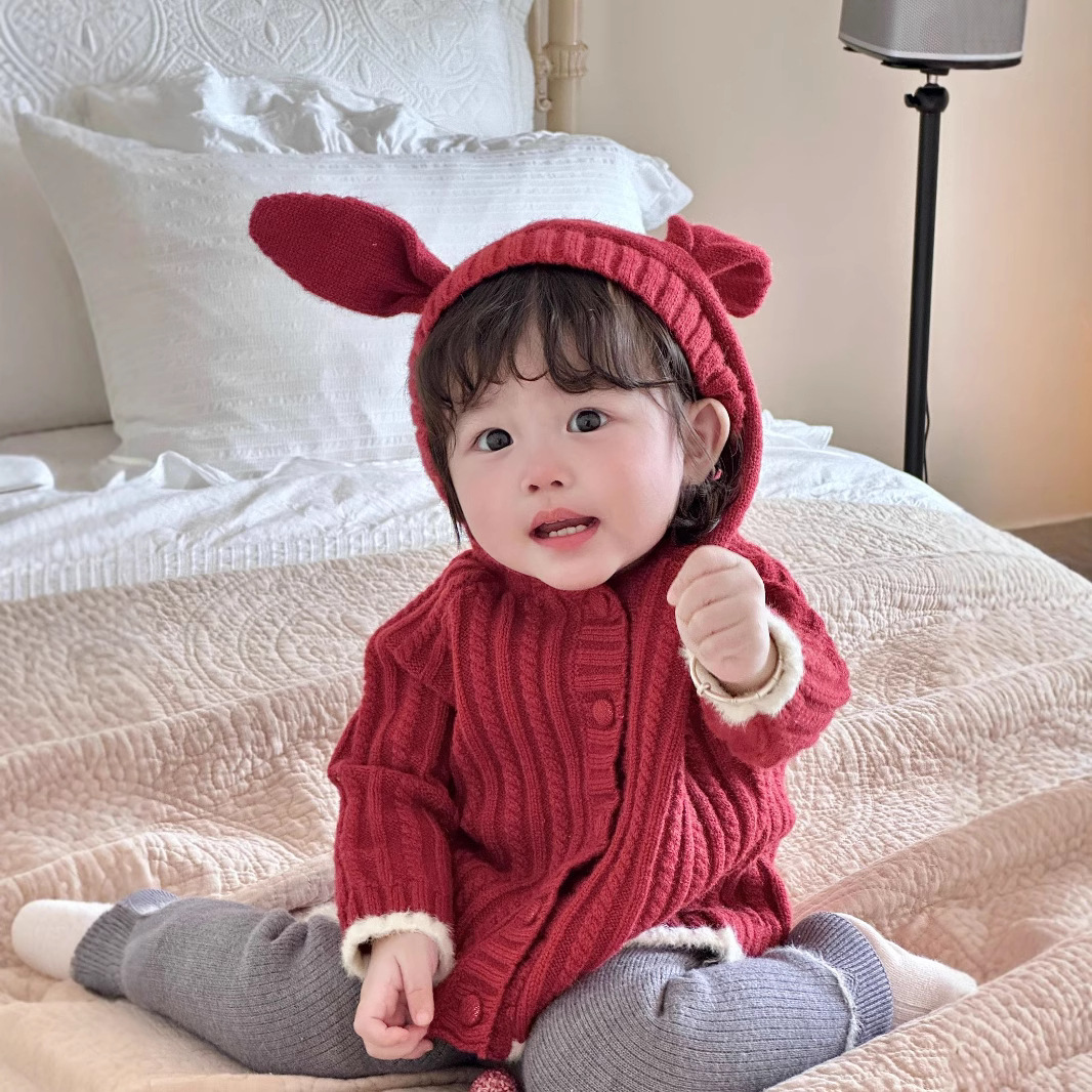 Cutemily童装ins连帽开衫毛衣女宝加厚复古麻花可爱兔耳朵外套