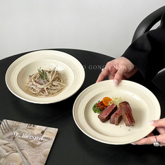 简约奶油风餐具ins风拉丝陶瓷盘意面盘牛排盘家用西餐盘早餐盘子