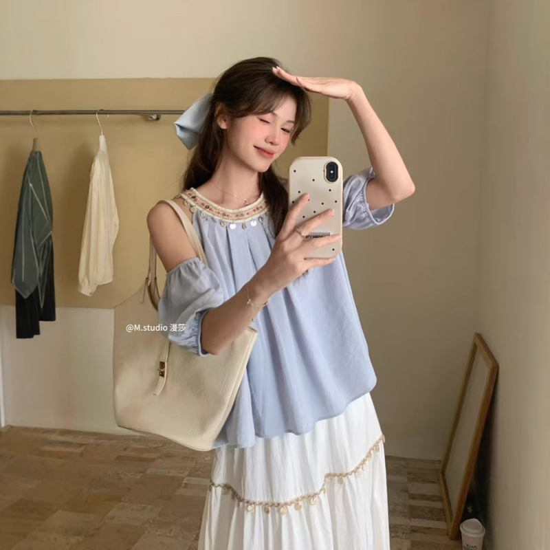 Big Sale Non-Returnable, Gentle and Sweet Pleated Off-Shoulder Shirt for Women, Spring and Summer Ethnic Style Loose and Versatile Short-Sleeved Top