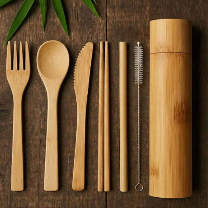 Cuchillo, tenedor y cuchara de bambú de Amazon, vajilla de bambú, caja de regalo de almacenamiento de tubos de bambú, vajilla portátil de bambú personalizada en tubo de regalo