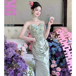 New Chinese Morning Gown Women's 2025 New Strapless Bride's Engagement Toast Dress Banquet Elegant Host Evening Dress