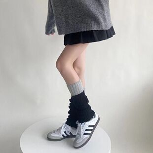 Knitted Socks Spring and Autumn Wool Contrast Color Stitching Leg Cover Solid Color All-match Piled Socks Grey Warm Socks Shlet Socks