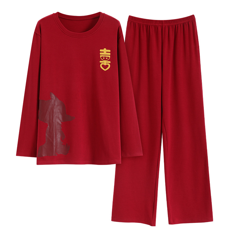 Venta al por mayor de primavera y otoño pijamas de algodón puro de los hombres de la boda jersey rojo más tamaño casual ropa de abrigo ropa de casa de dos piezas conjunto