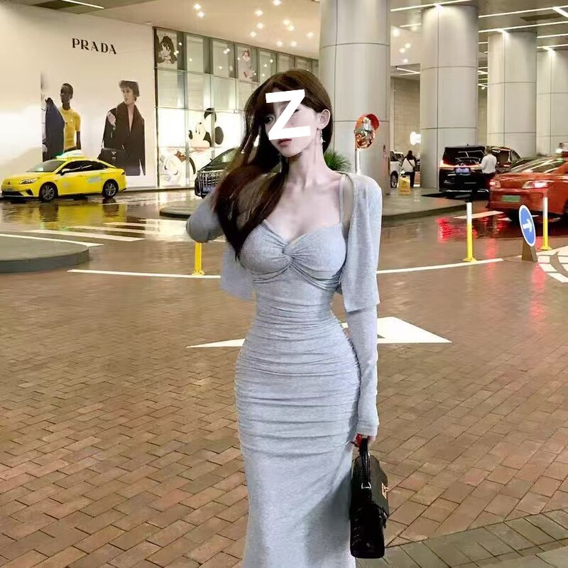 Sexy Hot Girl Style Pleated Waist-Cinching Suspender Dress for Women, New Autumn and Winter Slim-Fit Long-Sleeve Cardigan Two-Piece Set