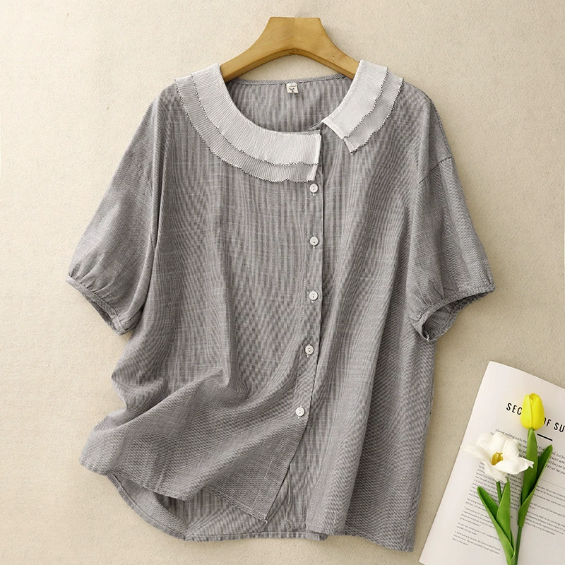 2025 весна-лето новая цветная тканая полосатая летняя новая складка кукольный воротник рубашка свободная и удобная