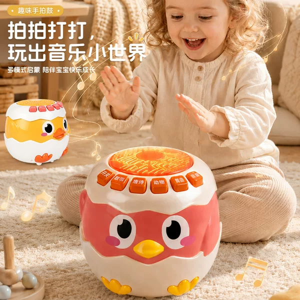 Baby's multifunctional clapping drum, cute duck hand drum, hexagonal educational toy for early learning, storytelling, and singing