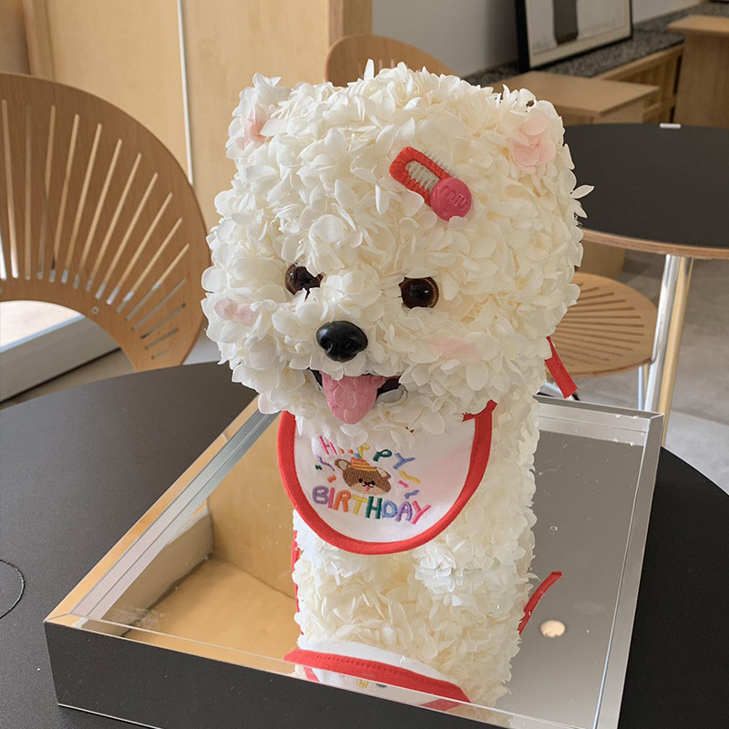 Flor eterna Hortensia Perro Maltsian Regalo de flores reales Confesión de bodas Regalo de cumpleaños de San Valentín Flor eterna Cachorro
